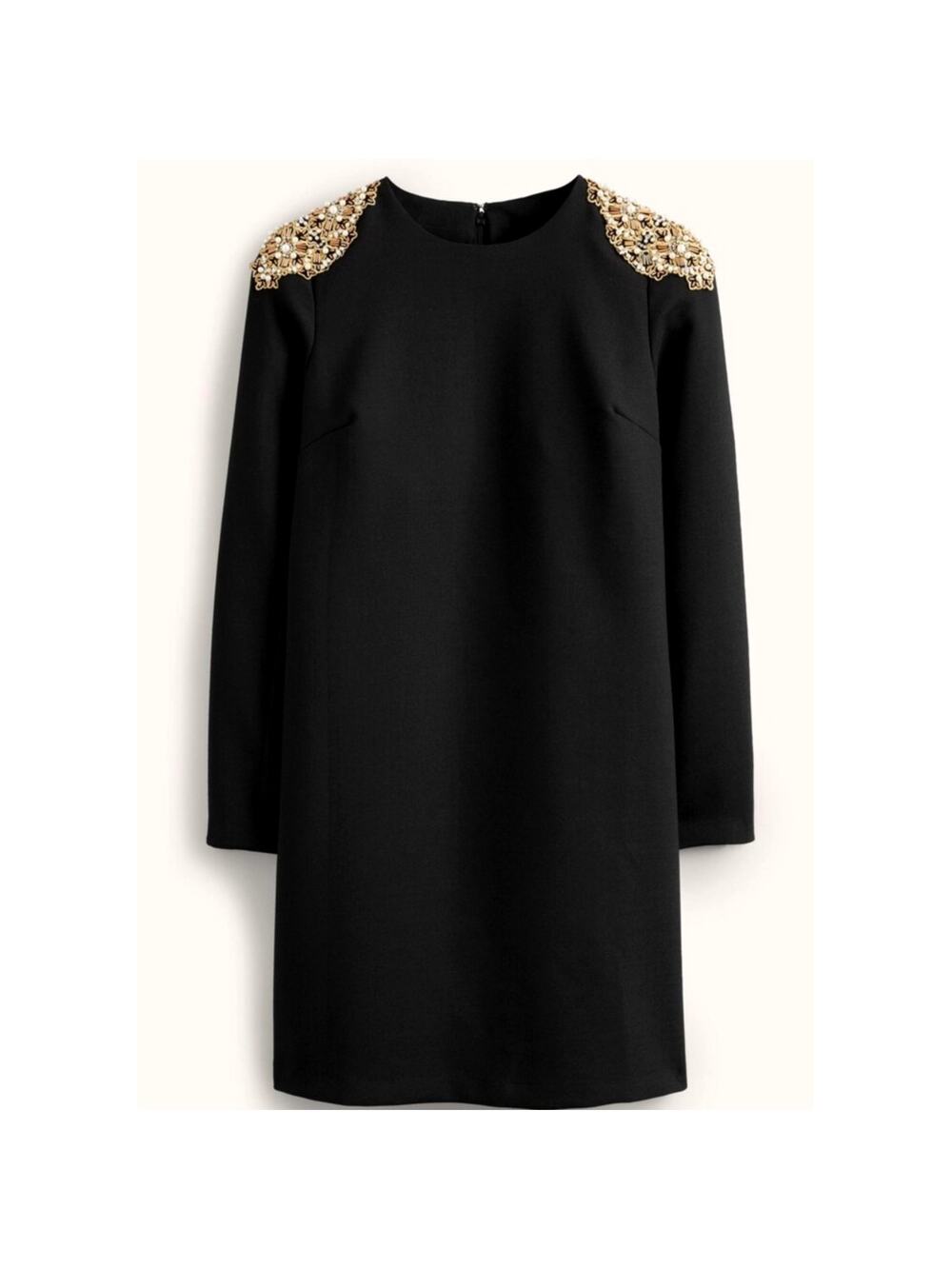 Boden Beaded Embellished Gold Pearl Appliqué Mini Shift Dress Black Size 2 NWT